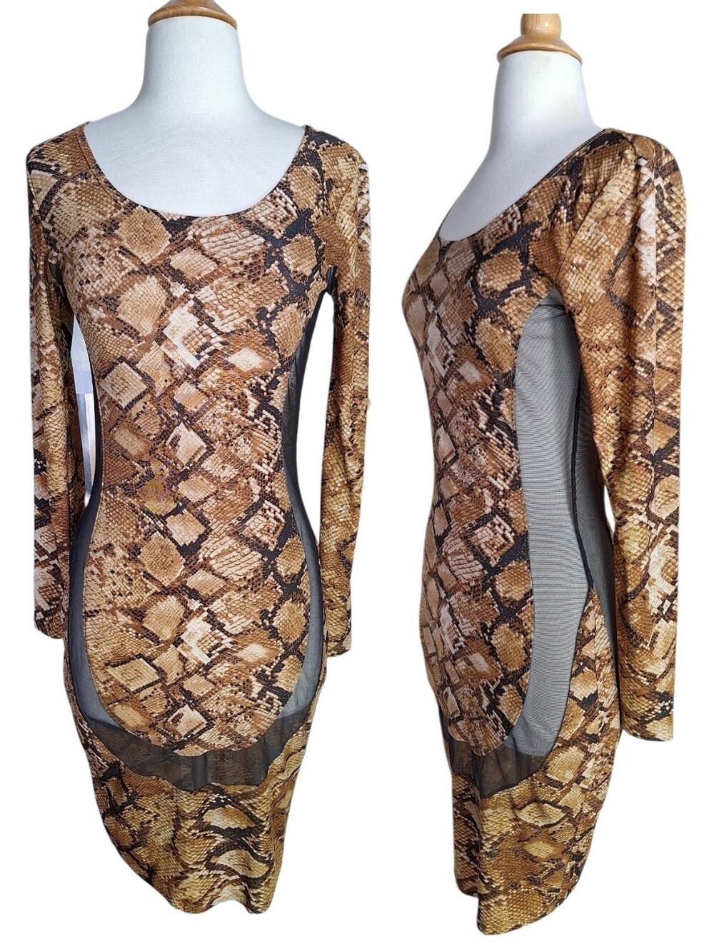 90s Y2K Metallic Snakeskin Bodycon Dress Sheer Mesh Illusion Panel Cutouts S/M